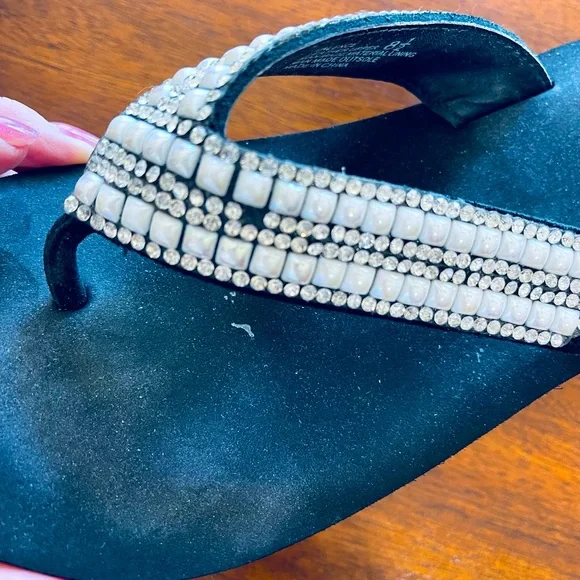 Yellow box jeweled white flip-flops. - Picture 2 of 2